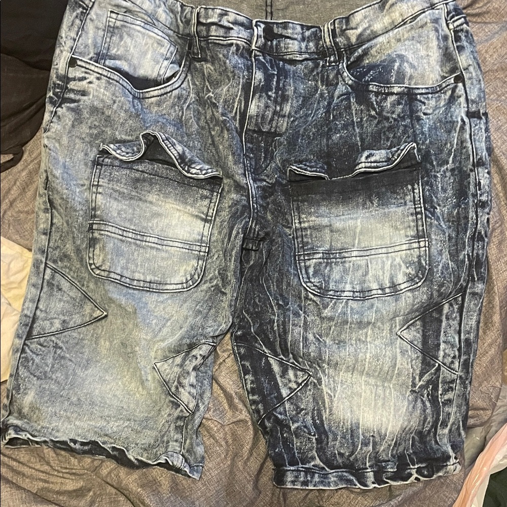 Distressed Washed Denim Men's Shorts - Blue